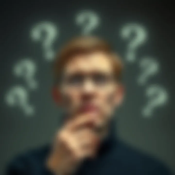 Individual pondering with a furrowed brow, surrounded by question marks, symbolizing uncertainty.