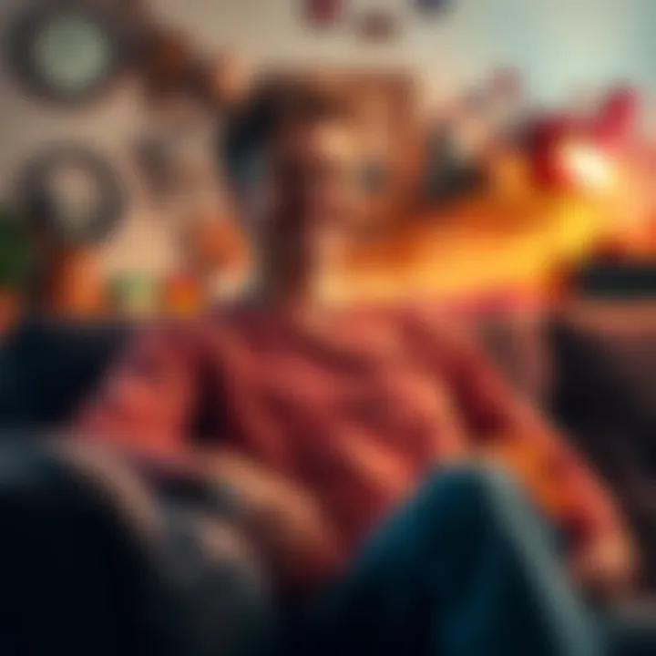 A person sitting on a couch, laughing at funny and strange occurrences happening around them, with quirky items in the background.