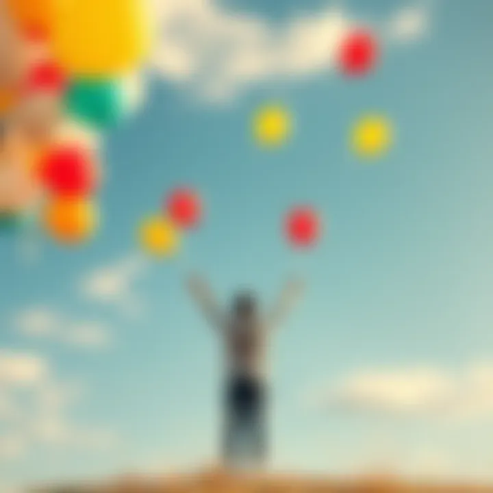 A person standing outdoors, releasing colorful balloons into the sky, symbolizing the act of letting go of old habits and beliefs.