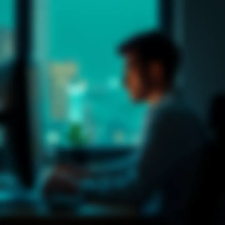 Person looking away from a computer screen A person sitting at a desk, gazing out of a window with a thoughtful expression, symbolizing a shift away from crypto investing towards a more meaningful life