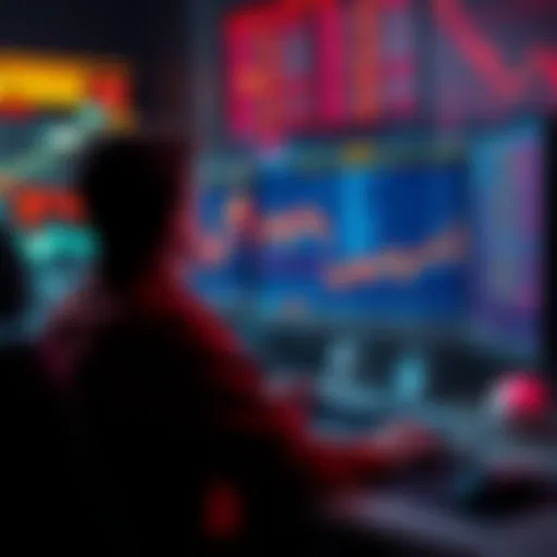 A person sitting at a computer, staring blankly at fluctuating cryptocurrency prices on the screen, showing signs of emotional numbness