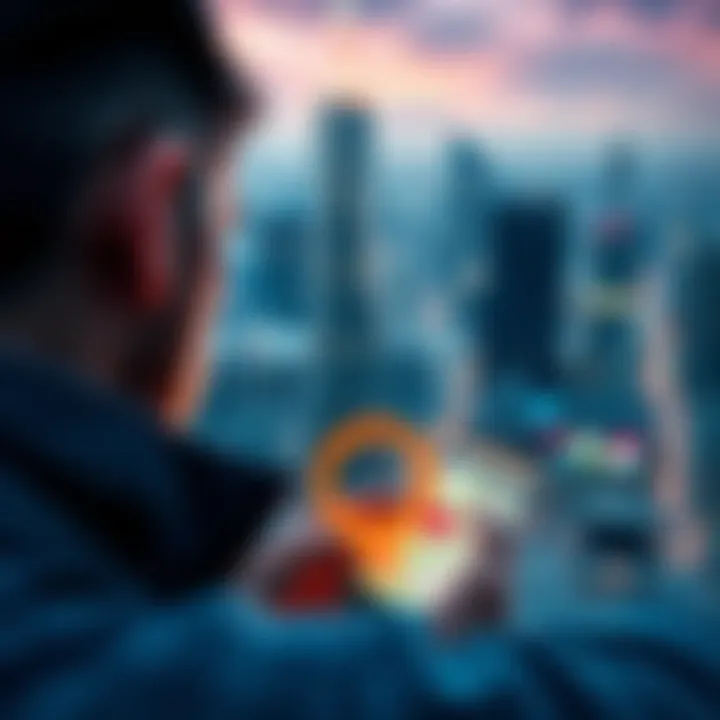 A person appears frustrated while searching for landmark bid tokens on a smartphone, surrounded by a cityscape.