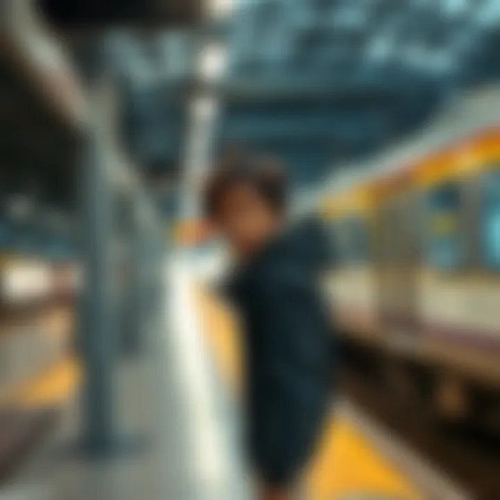 A person looking determined on a busy train platform, ready to join a movement in 2025, with a train approaching in the background.