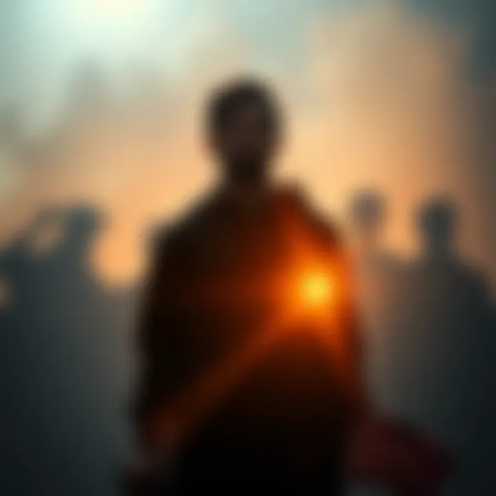 Person Overcoming Doubt A determined individual standing confidently against a backdrop of shadows symbolizing doubt, showing resilience and strength.