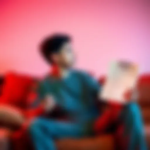 A person sitting on a couch, looking thoughtful with a cannabis leaf in one hand and a list of potential effects in the other.
