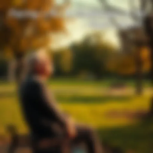 A person sitting on a bench in a park, looking thoughtful as they contemplate life changes at age 42, with trees and a bright sky in the background.