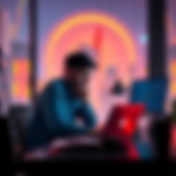 Person Reflecting on Cardano's Journey A thoughtful person sitting at a desk with a laptop, contemplating Cardano's advancements and challenges after eight years of involvement.