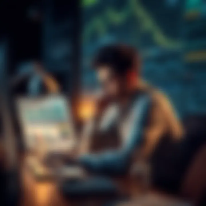 A person sitting at a desk with charts and graphs of crypto currencies, looking contemplative about past investment decisions, symbolizing missed opportunities.