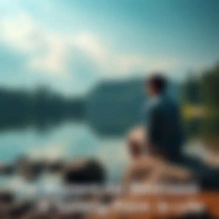 A person reflecting in nature A person sitting on a rock by a calm lake, looking thoughtfully at the water surrounded by trees, symbolizing self-discovery and realization