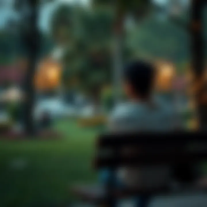 A person sitting on a bench, looking thoughtful while gazing at a serene park scene, representing introspection and identity exploration.