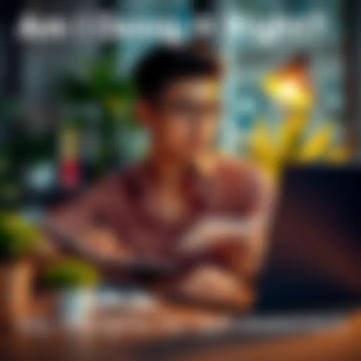 A person sitting at a desk with a notepad, reflecting on their goals and achievements, surrounded by plants and a laptop.