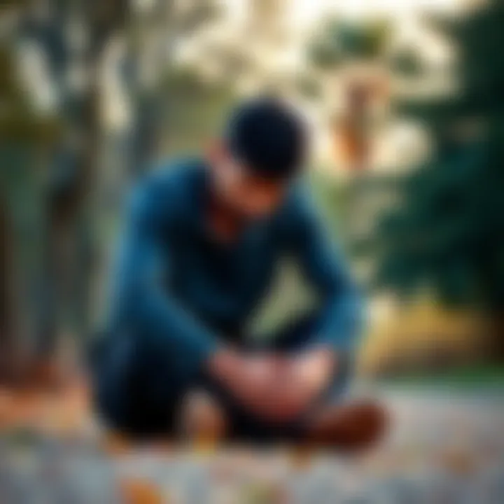 Person Reflecting on Weakness Individual sitting pensively with hands on knees, symbolizing self-reflection and acknowledgment of personal weaknesses, outdoors with trees in the background.