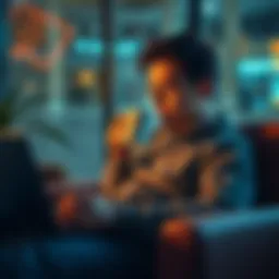 Individual checking bitcoin updates while sipping coffee, promoting mental well-being