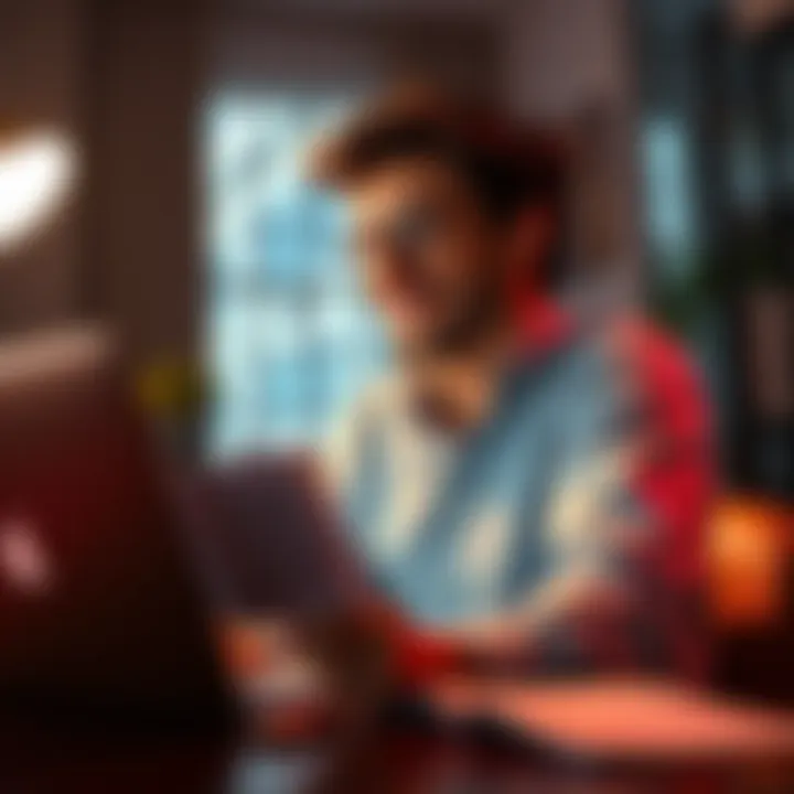 A person sitting at a desk, smiling while looking at a laptop and financial documents, symbolizing financial peace of mind through small crypto investments