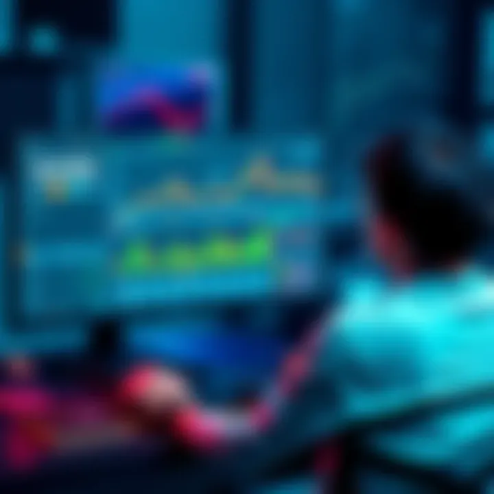 Person researching cryptocurrencies A person sits at a computer looking up information on cryptocurrencies, considering a $200 investment, with charts and graphs displayed on the screen.