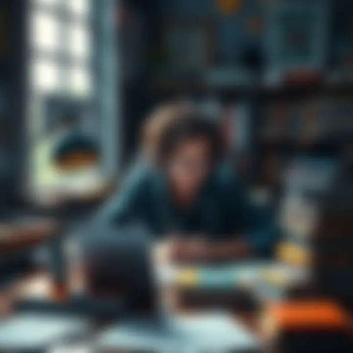 A person sitting at a desk surrounded by books and notes on cryptography, looking frustrated while working on a Bitcoin puzzle.