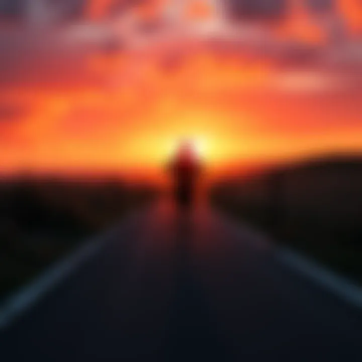 A person jogging towards a vibrant sunset, symbolizing progress and determination