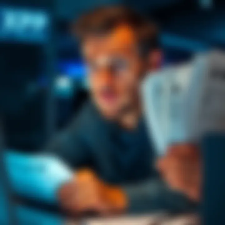 A person looking concerned while reviewing their tax bills and selling XRP on a computer