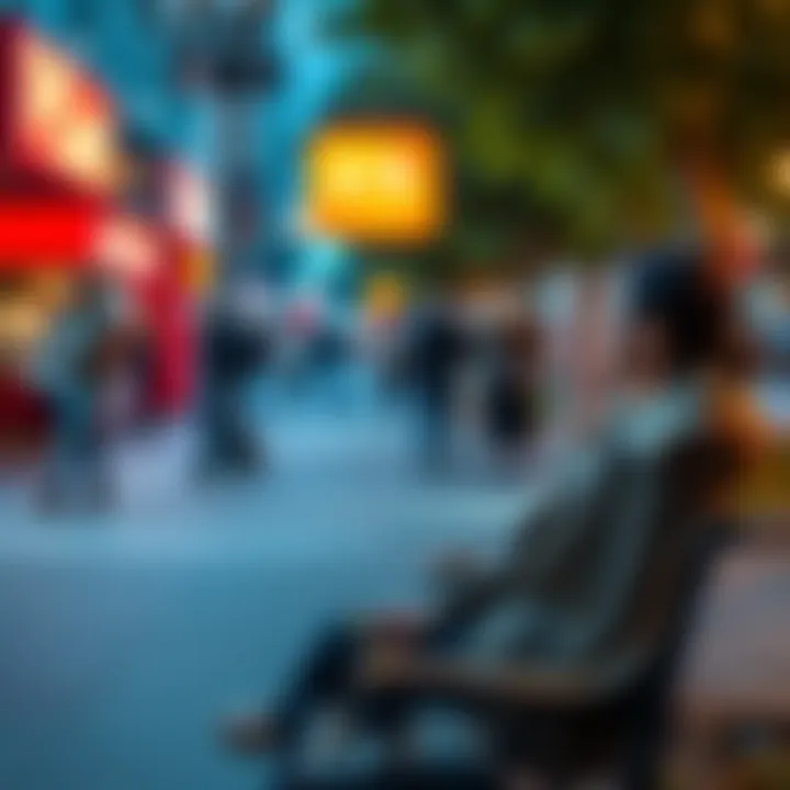 A person waiting on a park bench, looking relaxed and thoughtful in a busy environment