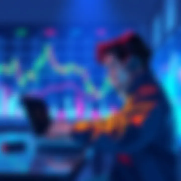 A person using a laptop to stake $HEX, showing a chart with declining prices in the background, symbolizing opportunity during low prices.