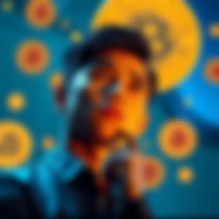 Individual contemplating investment options after receiving an inheritance, with Bitcoin symbols in the background.