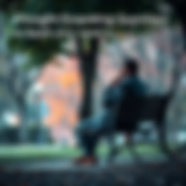 A person sitting on a park bench, lost in thought, surrounded by trees and nature