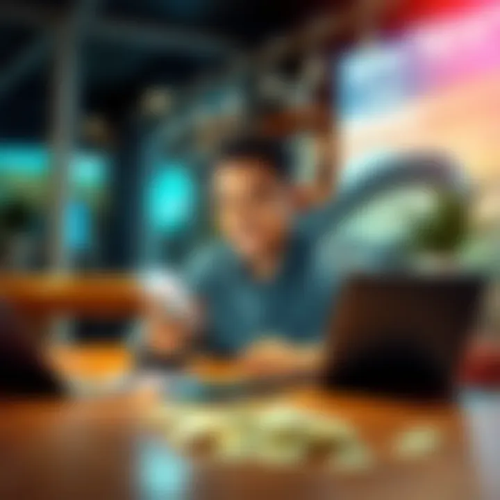 A person sitting at a table, looking excited while using a smartphone to earn money online, with cash in hand and a laptop nearby.