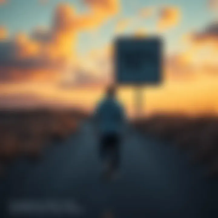A person walking on a path toward a sign that reads '10%' with a determined look, symbolizing the journey to reach personal goals without a car.