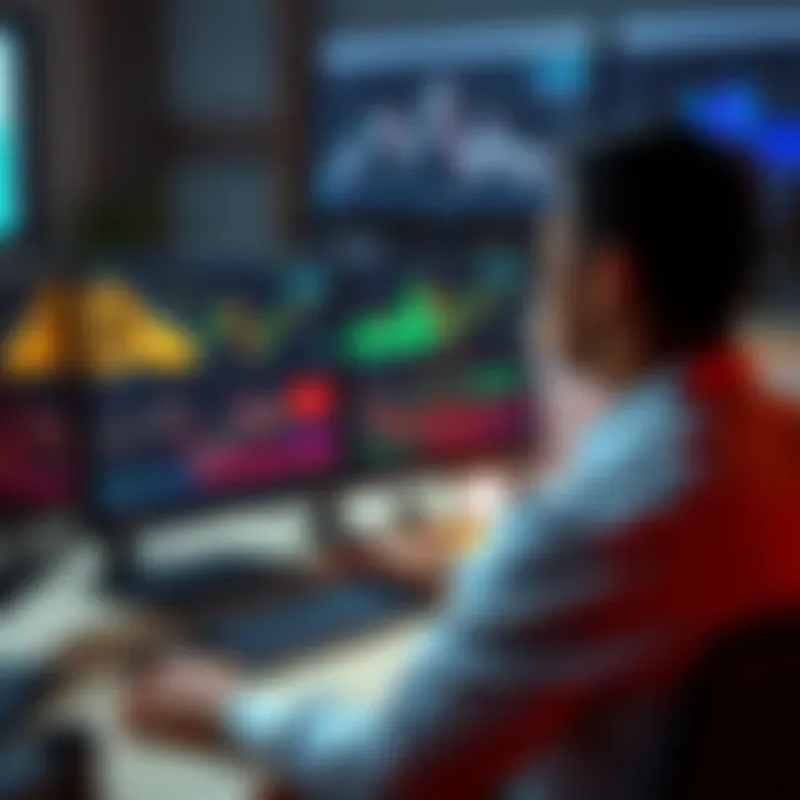 A person sitting at a computer, watching Bitcoin-related videos on YouTube with charts displayed on the screen