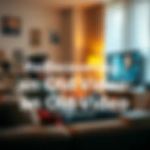 A person sitting on a couch, smiling while watching an old video on a TV, surrounded by nostalgic items.
