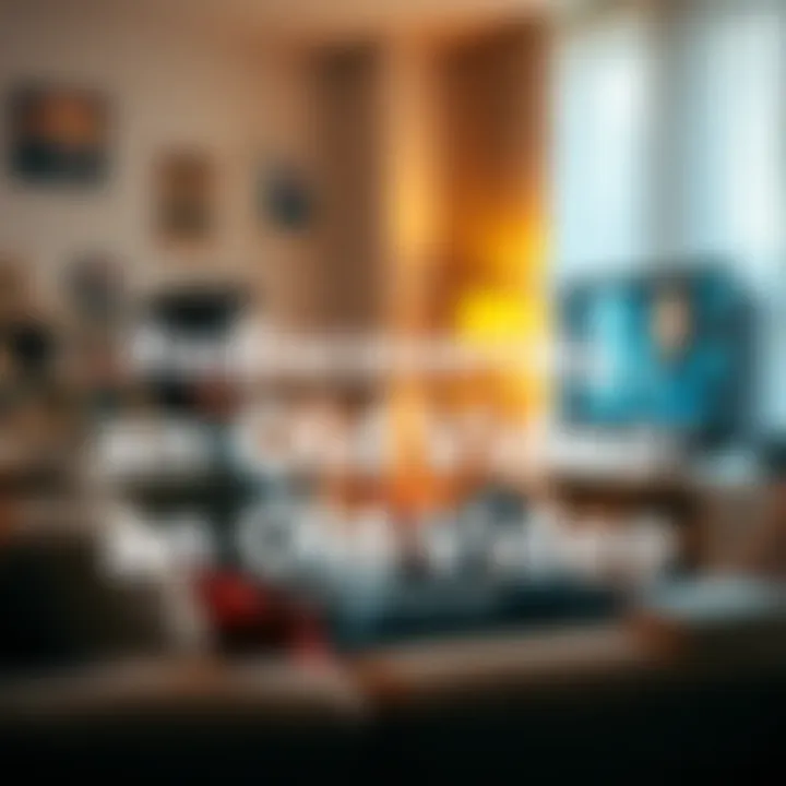 A person sitting on a couch, smiling while watching an old video on a TV, surrounded by nostalgic items.