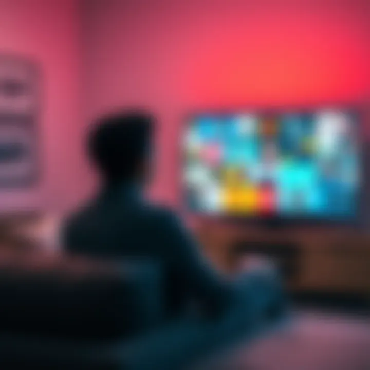 Person watching TV with ads A person sitting on a couch watching television with advertisements playing on screen, looking thoughtful about the value of the ads.