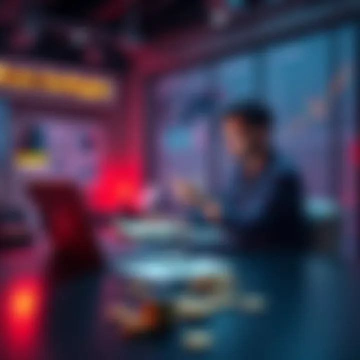 Personalized Crypto Spending Rules A person sitting at a desk, creating customized rules for cryptocurrency spending on a laptop, with coins and charts around