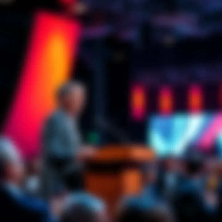 Peter stands at a podium, laughing while sharing fun facts and humorous stories with an engaged audience.