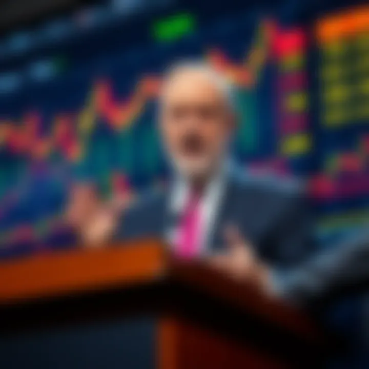 Peter Schiff speaking at a podium with financial charts in the background
