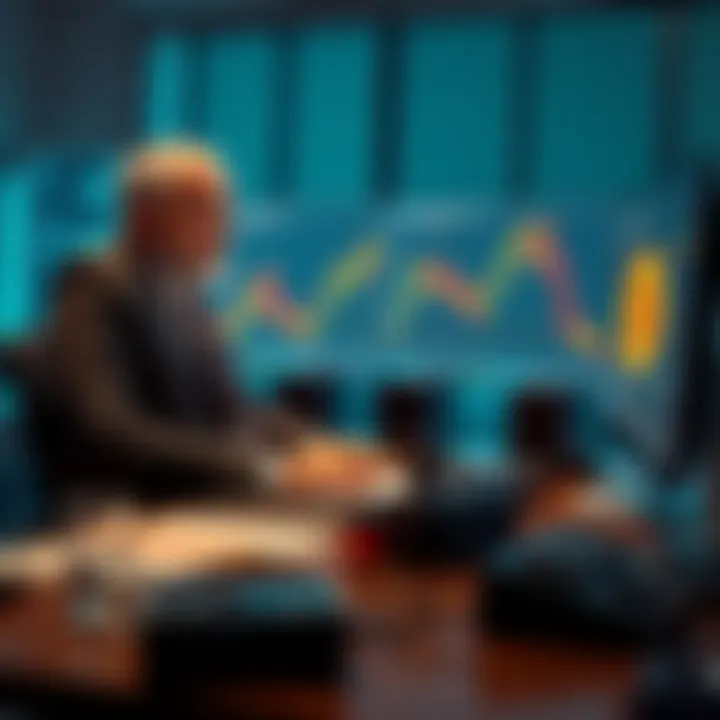 Peter Schiff sits at a desk with charts showing Bitcoin's decline, expressing concern over its future value, indicating a potential drop to $20,000