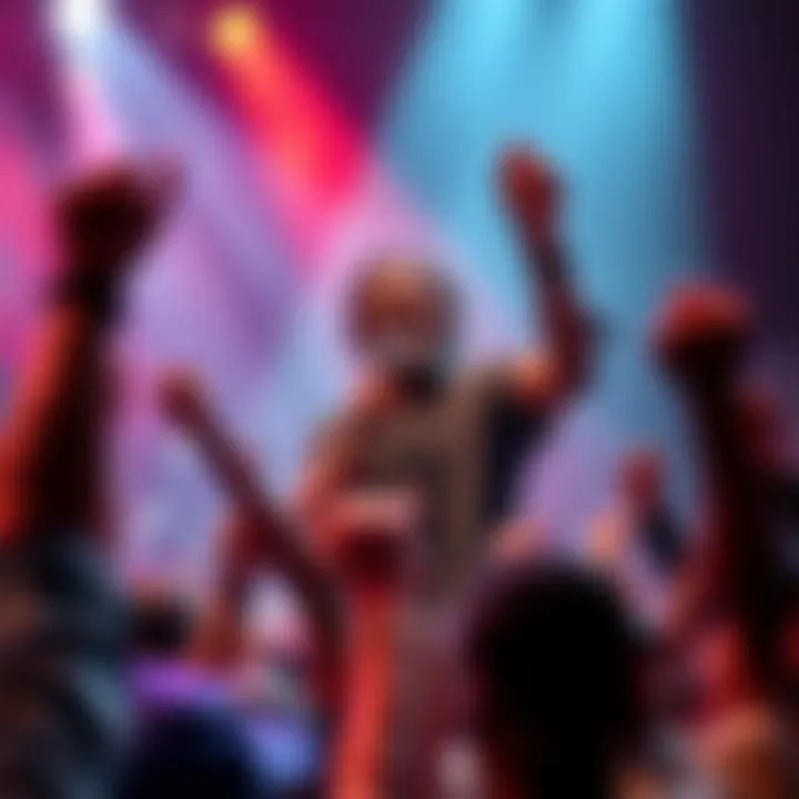 Peter Tosh passionately singing on stage with a microphone, surrounded by a vibrant crowd holding up their fists in solidarity, representing resistance and social justice.