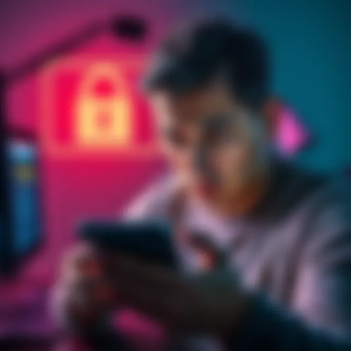 A person looking worried while checking their phone, with visible signs of distress over financial loss. A computer and a padlock are in the background to symbolize online security.