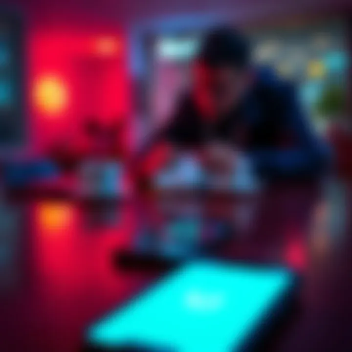 Phone with Revolut logo on a table A smartphone displaying the Revolut app on a table, with a worried person looking for their missing phone.