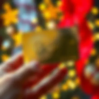 A shiny card designed to represent physical bitcoin, featuring security elements like tamper-evidence, held in a person's hand with a festive background.