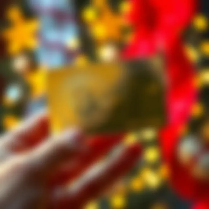 A shiny card designed to represent physical bitcoin, featuring security elements like tamper-evidence, held in a person's hand with a festive background.