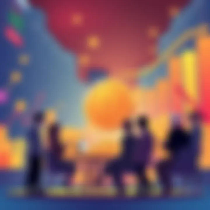 Pi Cryptocurrency Success Factors Illustration showing a group of people discussing Pi cryptocurrency, with charts and coins in the background, representing growth and community engagement.