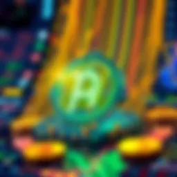 A visual representation of the Pi Network decentralized exchange and automated market maker functionalities with crypto elements.