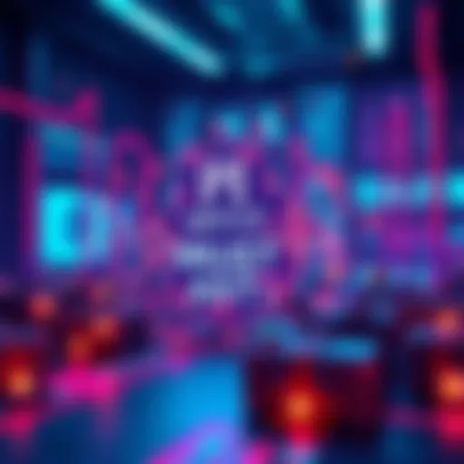 Illustration showing a digital representation of smart contracts with blockchain elements in a modern setting.