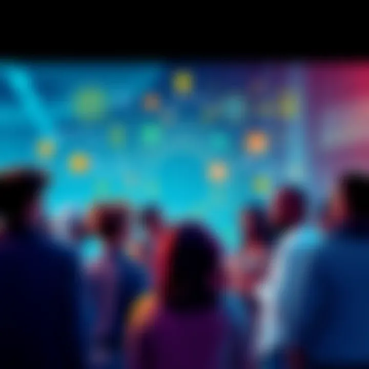 A group of diverse people discussing ideas about the Pi Blockchain, surrounded by digital icons and symbols representing blockchain technology and innovation.