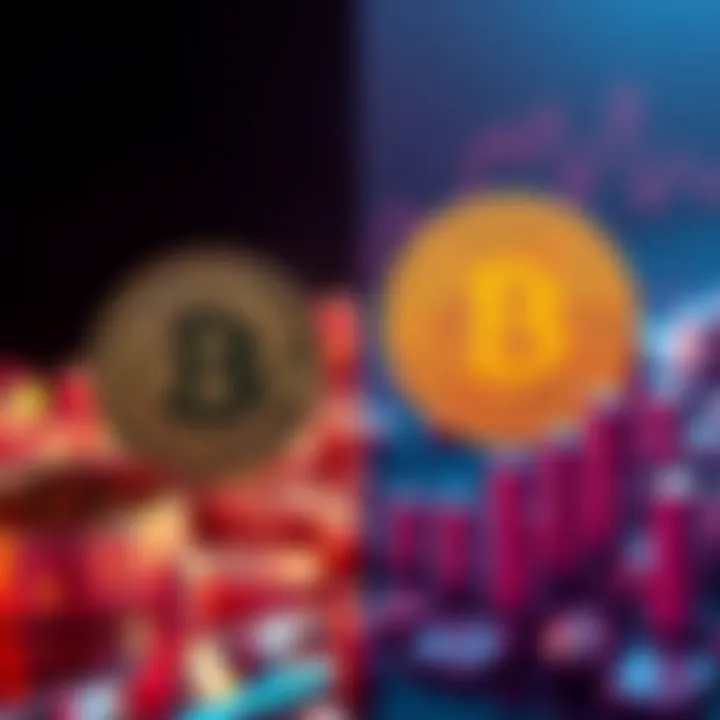 A visual representation of Pi Coin and Bitcoin symbols side by side, highlighting their similarities and community discussions, with a graph showing fluctuating opinions over time.