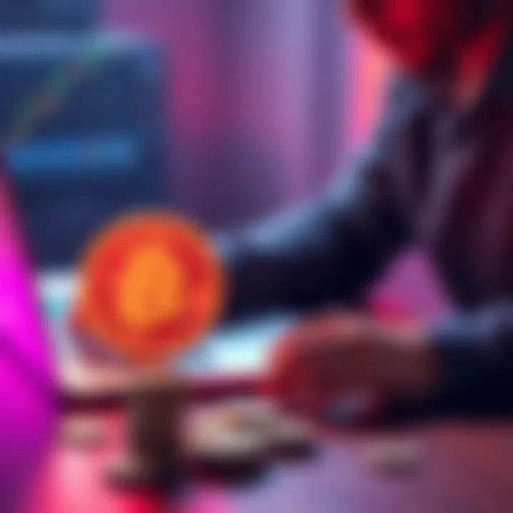 A person weighing choices between selling or holding Pi coins with a laptop and coins on a table.
