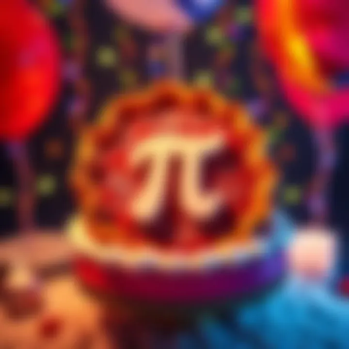 A vibrant Pi Day celebration featuring a large pie with the Pi symbol, balloons, and festive decorations for BitMart's anniversary.