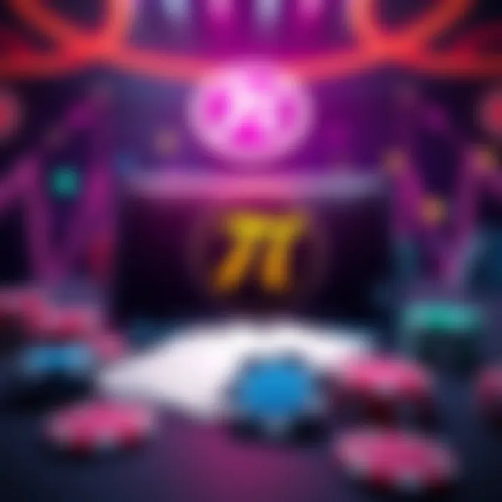 Illustration of a casino concept with Pi Network branding, showing gaming elements like cards and chips.