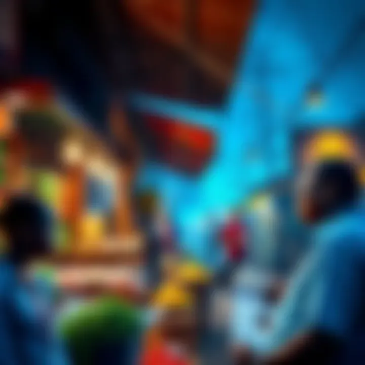 Pi Network Growth in Nigeria A vibrant marketplace in Nigeria showing merchants accepting Pi Network transactions with people engaging in commerce.